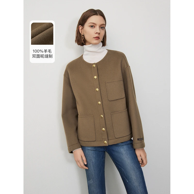 朗姿纯羊毛双面呢法式复古圆领通勤毛呢外套新热力感