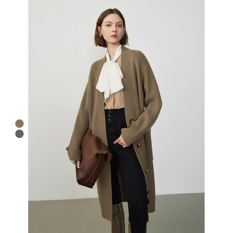 朗姿绵羊毛复古v领开衫上衣外搭毛衣女冬季新款气质毛针织衫