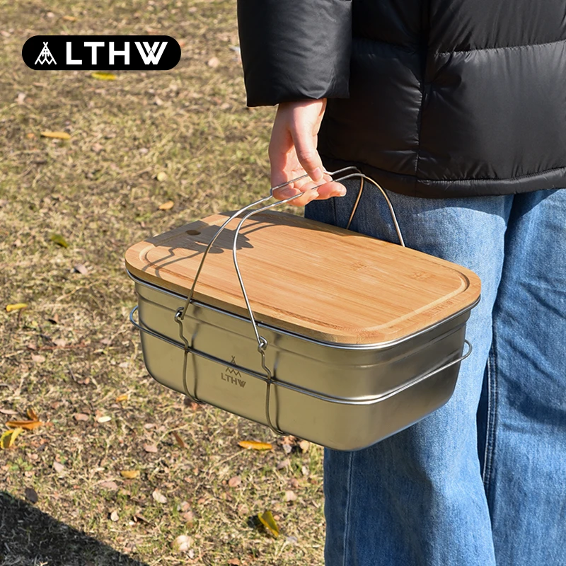 LTHW旅腾户外餐具收纳箱不锈钢露营野炊洗菜洗碗盆带切菜板手提架