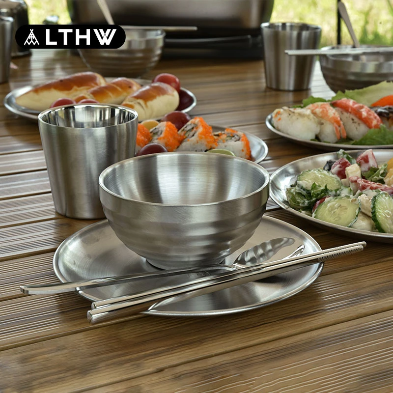 LTHW旅腾餐具户外便携露营野餐碗盘筷子勺双层水杯饭碗菜碟盘子