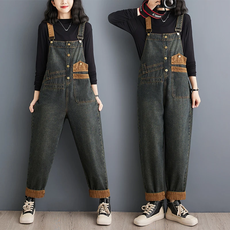 秋季新款大码百搭宽松牛仔背带裤九分裤女