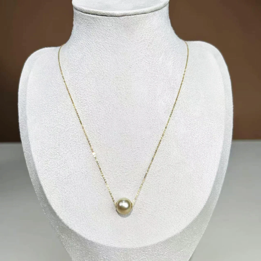 天然海水珍珠9-10mm路路通珍珠黄珠吊坠，18K金贴片，金珠吊坠