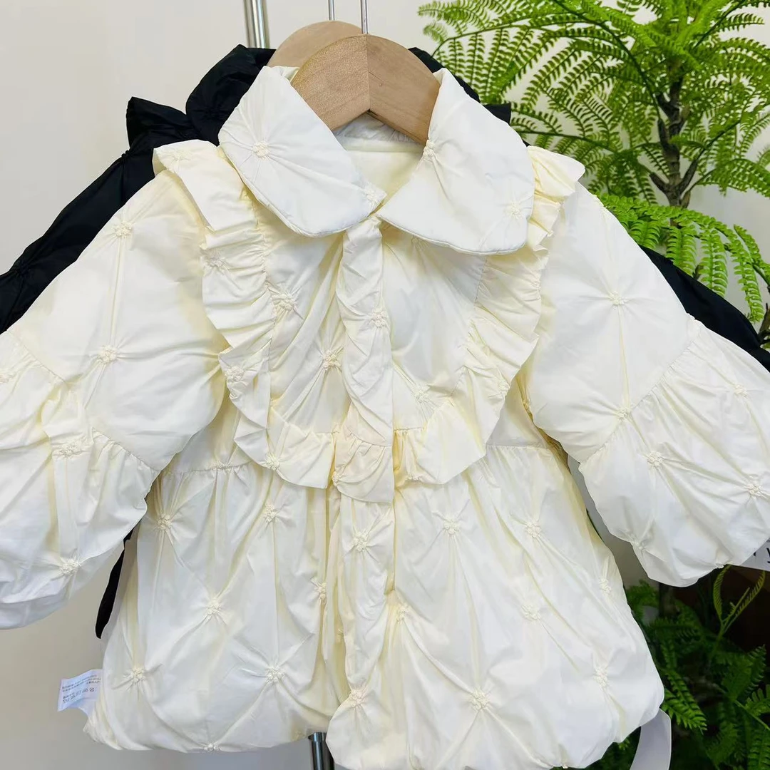 女童2024冬季加绒加厚棉服重工刺绣外套拼接花边