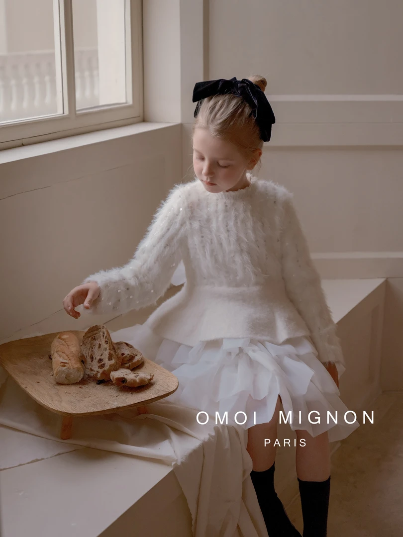 OMOI MIGNON现货2023冬法式厚款亮片针织拼接白色生日公主连衣裙