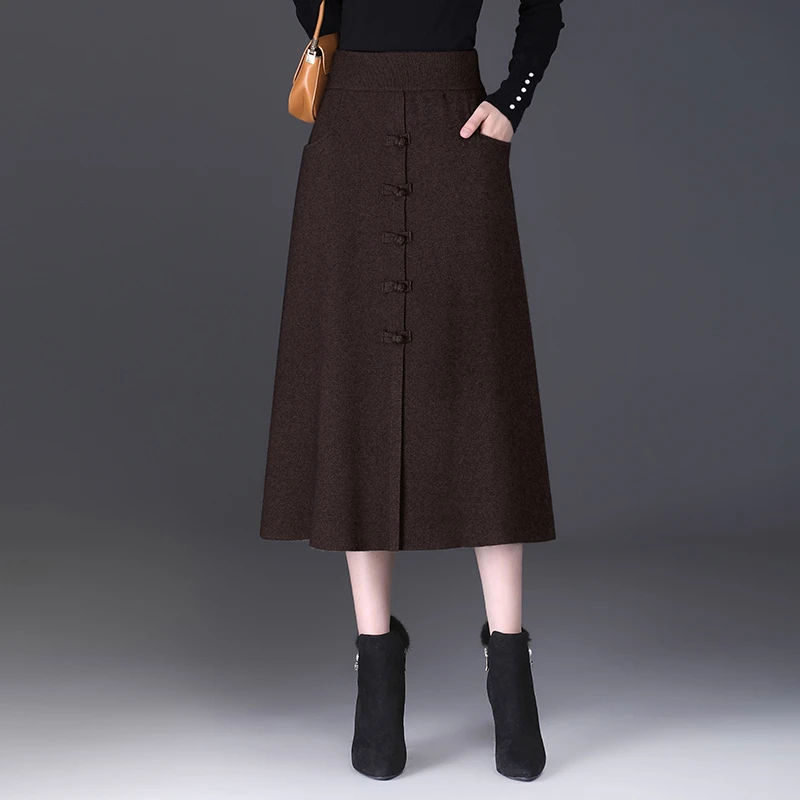 气质盘扣裙女早春新款加厚半身裙高腰显瘦中长款A字裙子