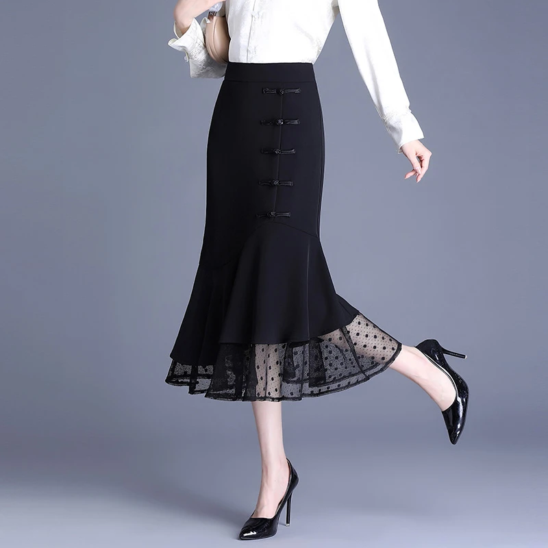 鱼尾半身裙女2025春夏新款中式盘扣包臀裙高腰中长款网纱边一步裙