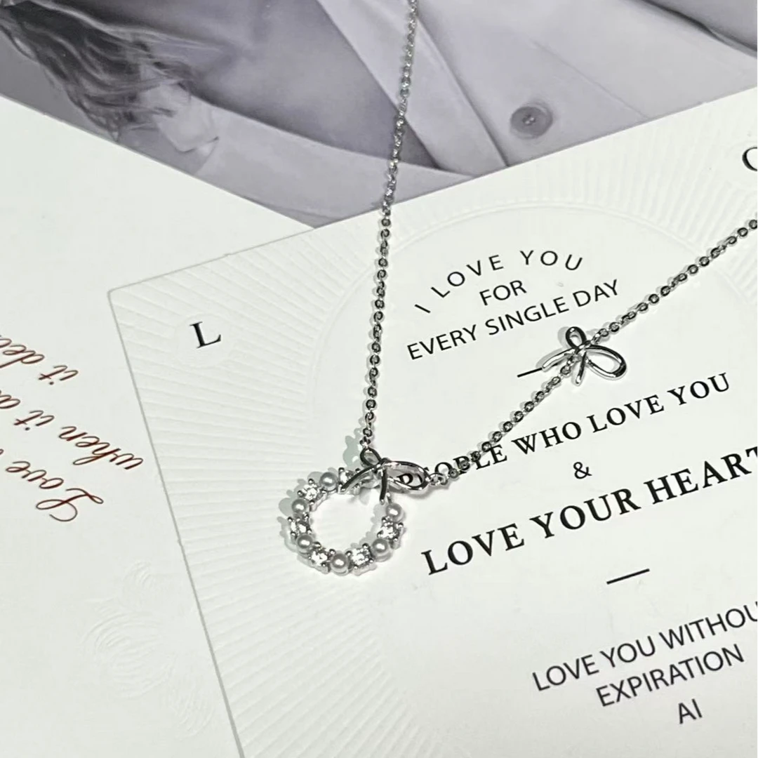 坠链均925银 C2【蝴蝶结珍珠花环】气质轻奢百搭简约银色满钻坠链