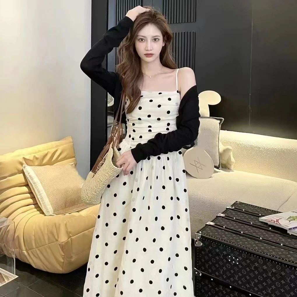 大码胖mm吊带连衣裙夏法式收腰波点抹胸长裙+薄款开衫两件套200斤