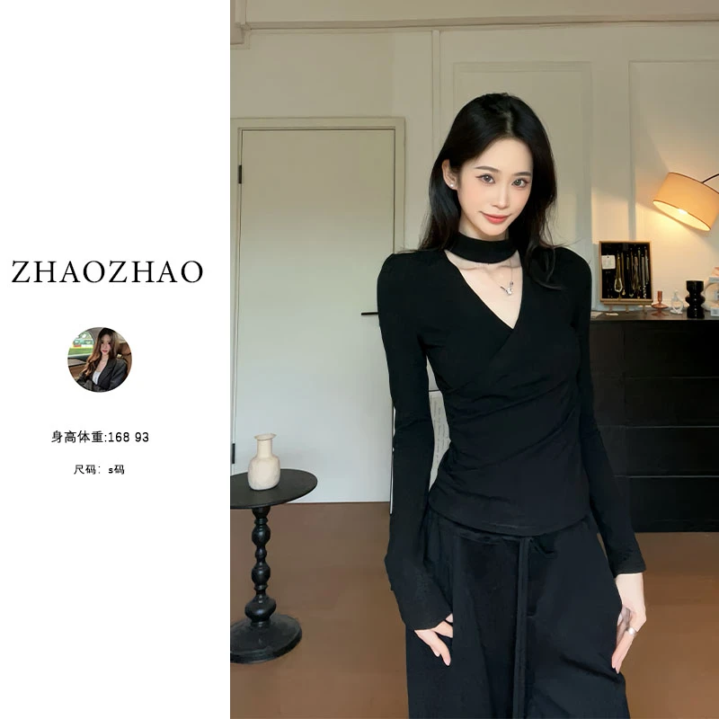 秋冬辣妹挂脖领长袖修身气质显瘦小众打底上衣纯欲高腰时尚黑色