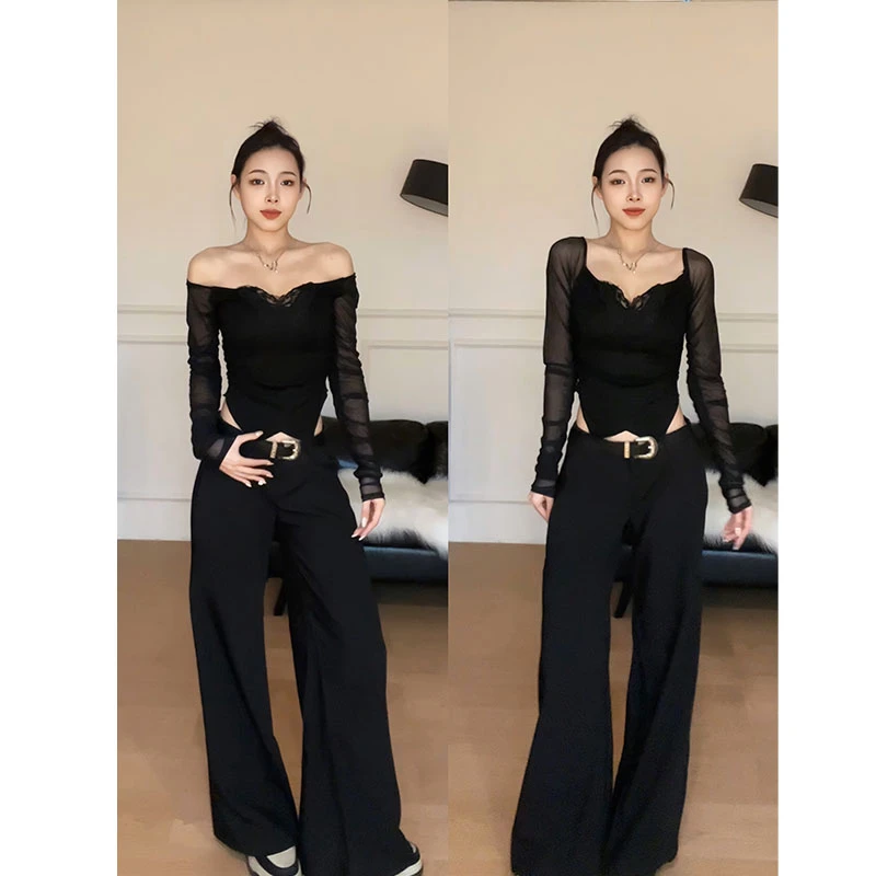 新款 【摩登辣妹】黑色辣妹网纱气质设计感长袖上衣女性感打底上衣