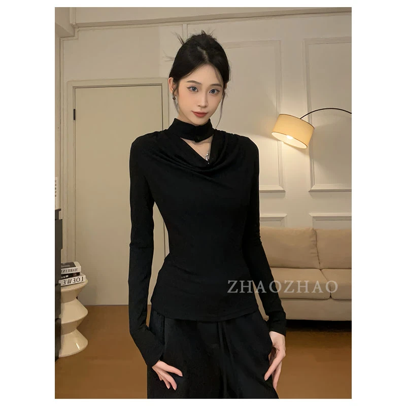 显瘦围脖设计感辣妹长袖初秋修身气质黑色上衣