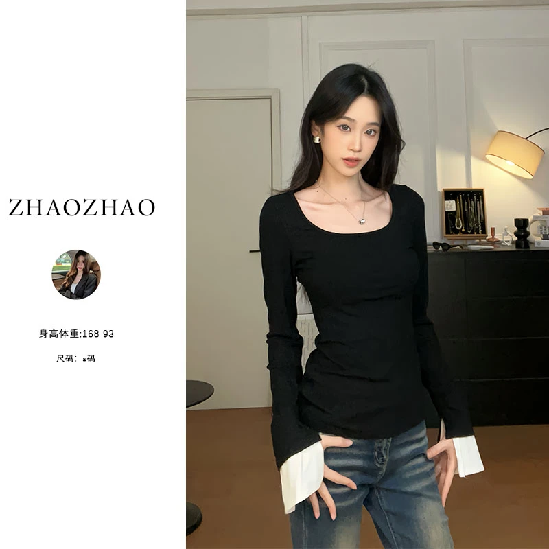 【ZHAOZHAO】辣妹方领基础打底长袖秋季修身气质显瘦上衣百搭
