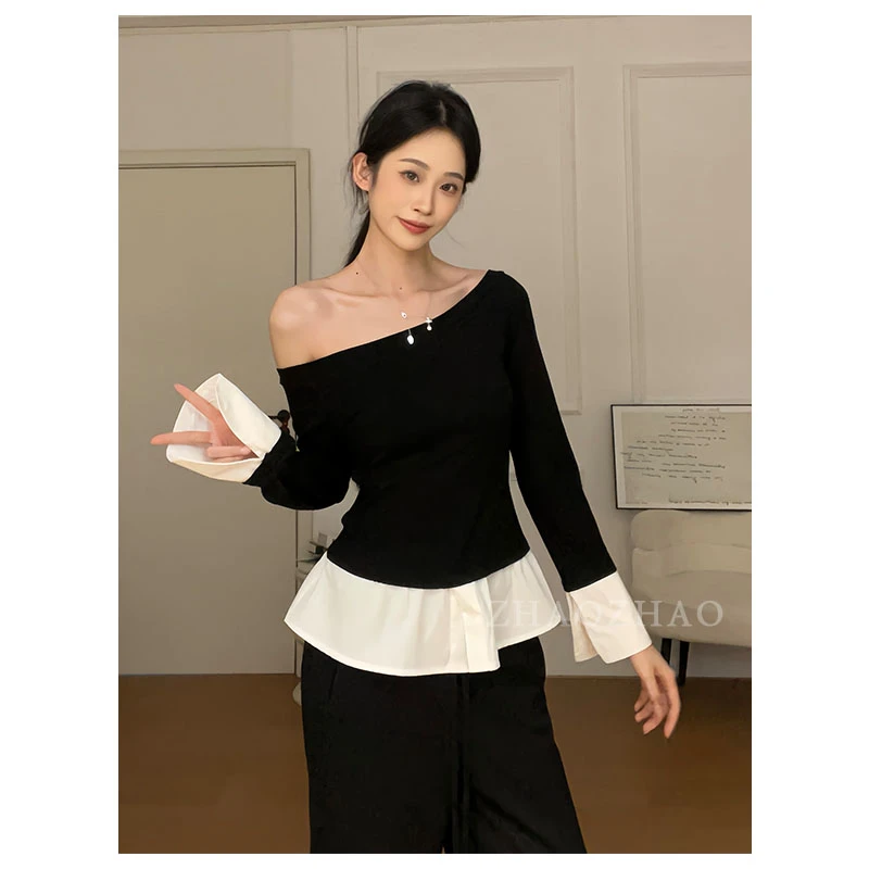 【ZHAOZHAO】辣妹拼接撞色设计感长袖露肩修身气质显瘦打底上衣