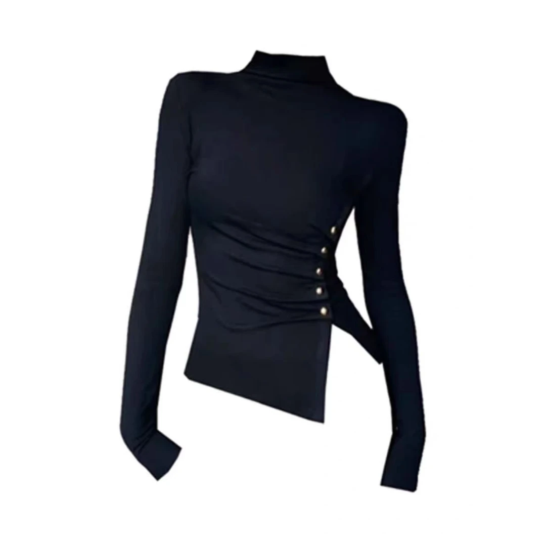 黑色半高领不规则加绒打底衫女秋冬修身显瘦内搭上衣