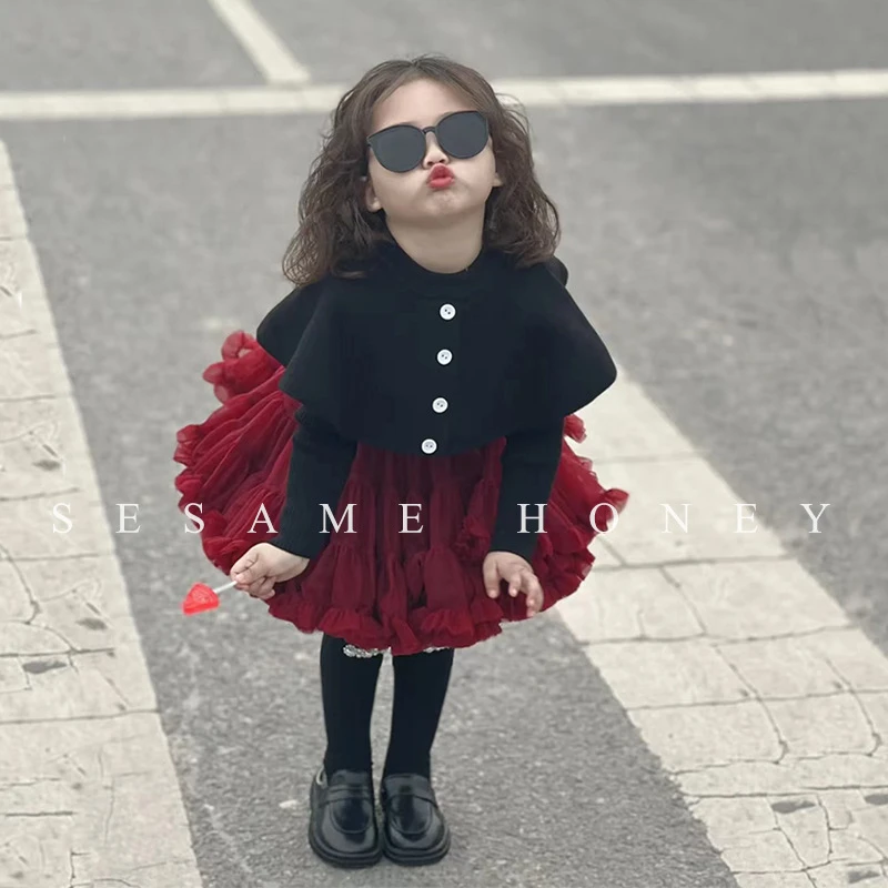 【斗篷上衣】纯色斗篷假两件斗篷秋冬针织洋气娃娃领上衣女童公主