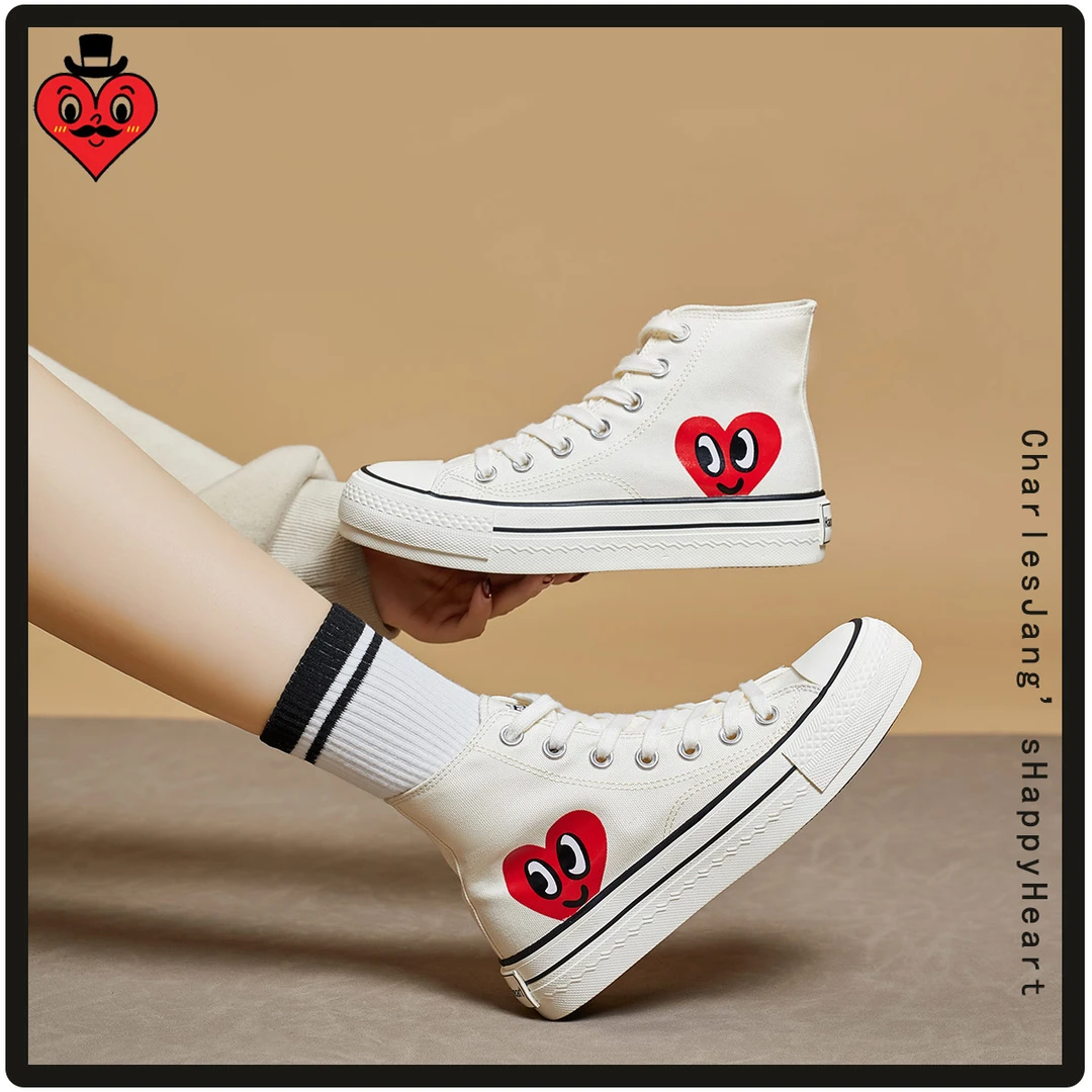 查尔斯桃心2025春秋新款情侣高帮板鞋女学生潮流ins韩版帆布鞋子