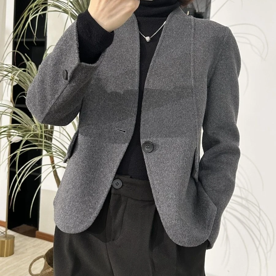 秋冬季新款网红修身双面羊毛大衣女短款时尚百搭无领一粒扣短外套