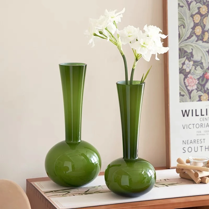 法式中古高级花瓶玻璃橄榄绿客厅创意插花装饰摆件