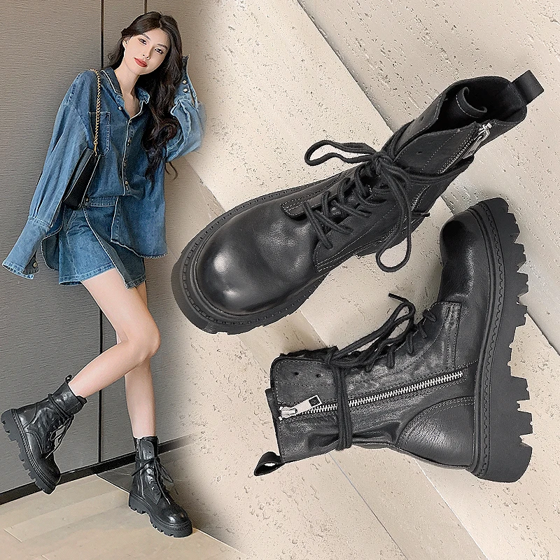 黑色马丁靴女款2025新款秋冬真皮靴子女春秋单靴厚底短靴冬季加绒