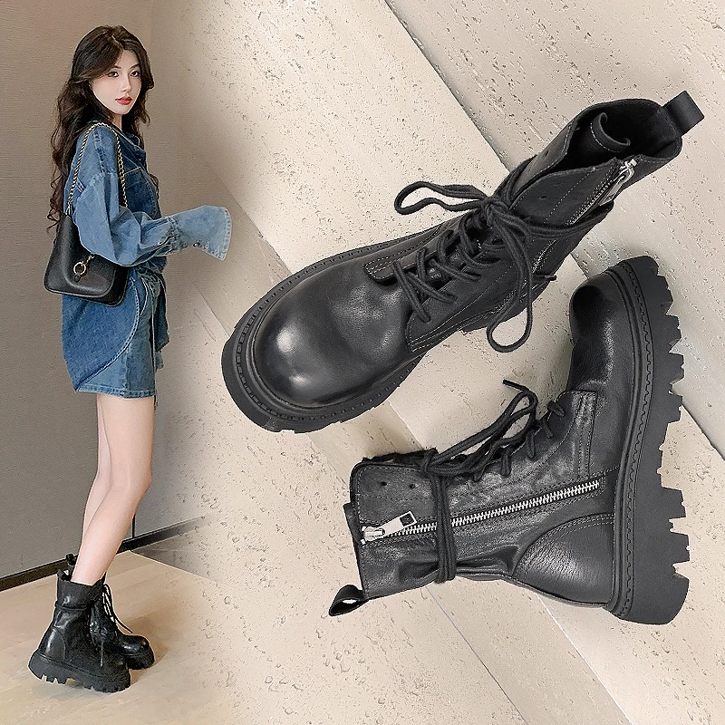 黑色马丁靴女款2025新款秋冬真皮靴子女复古百搭厚底短靴冬季加绒
