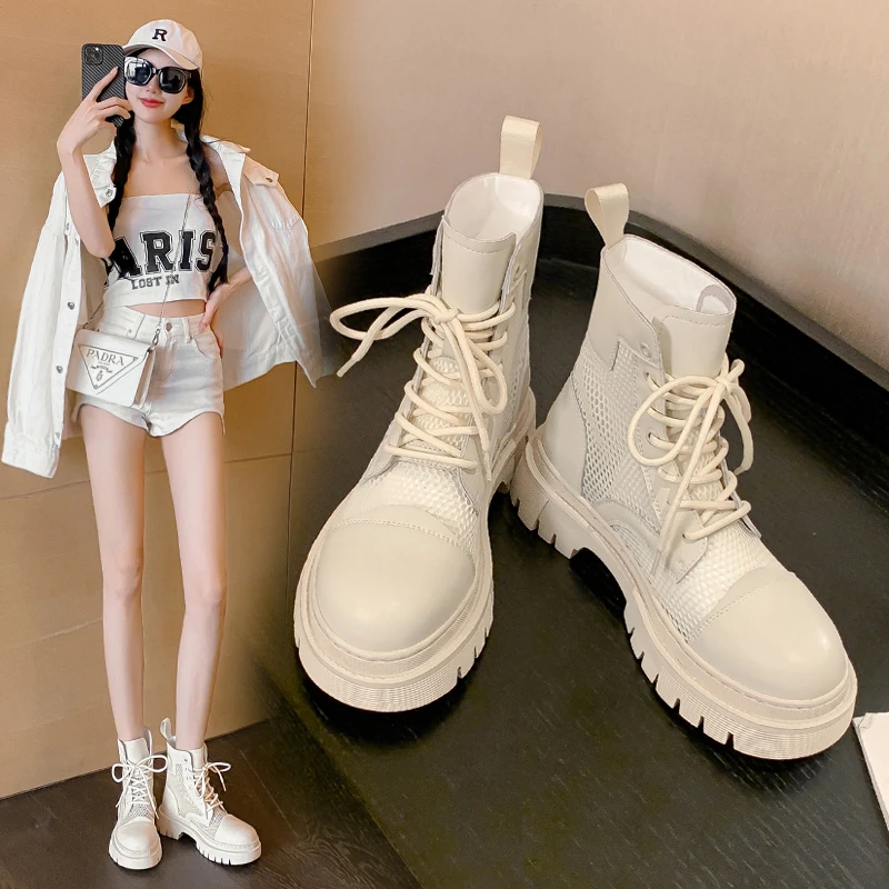 夏季马丁靴女2023新款透气镂空厚底短靴网纱薄款马丁鞋女款网靴夏