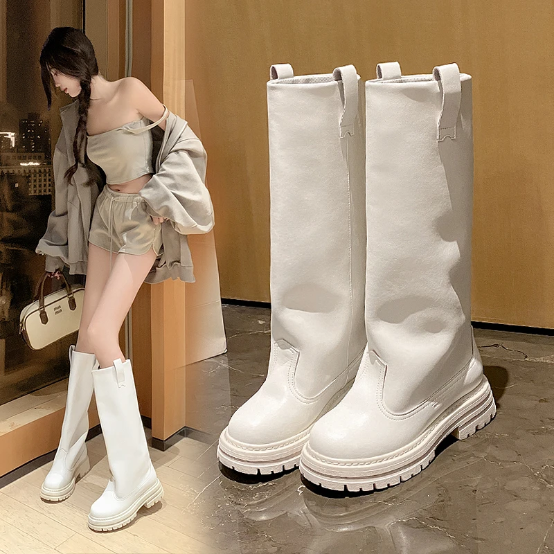 白色长筒靴女2024新款秋冬靴子女款真皮厚底马丁靴高筒骑士靴加绒