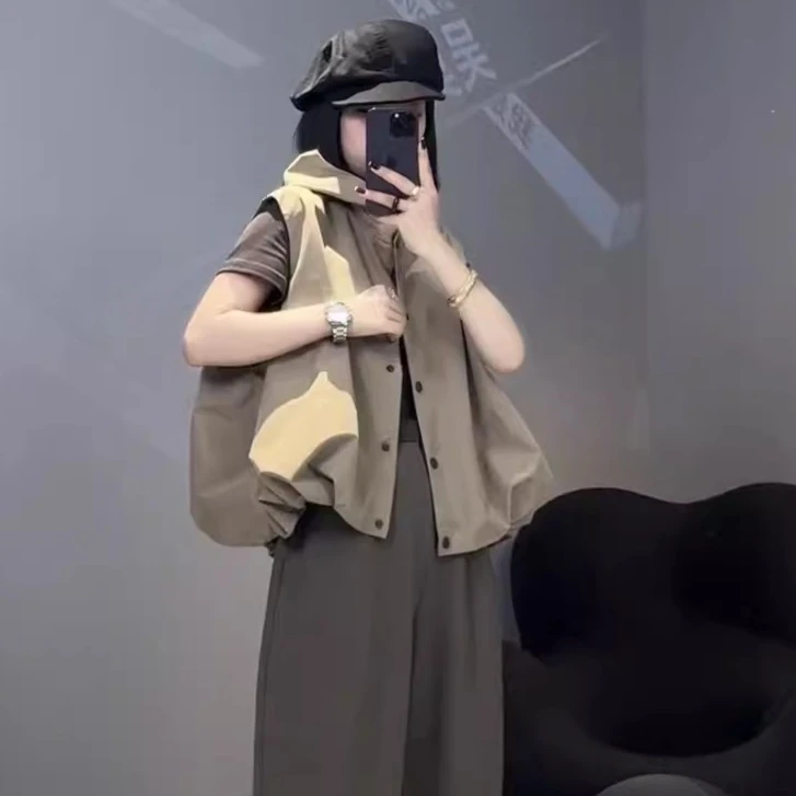 欧洲站休闲洋气百搭无袖南瓜连帽马夹女设计款宽松抽绳背心上衣秋