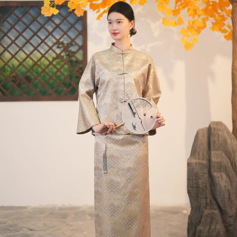 【灰色海水江崖纹】桑蚕丝宋锦新款日常气质高级感中式国风套装裙