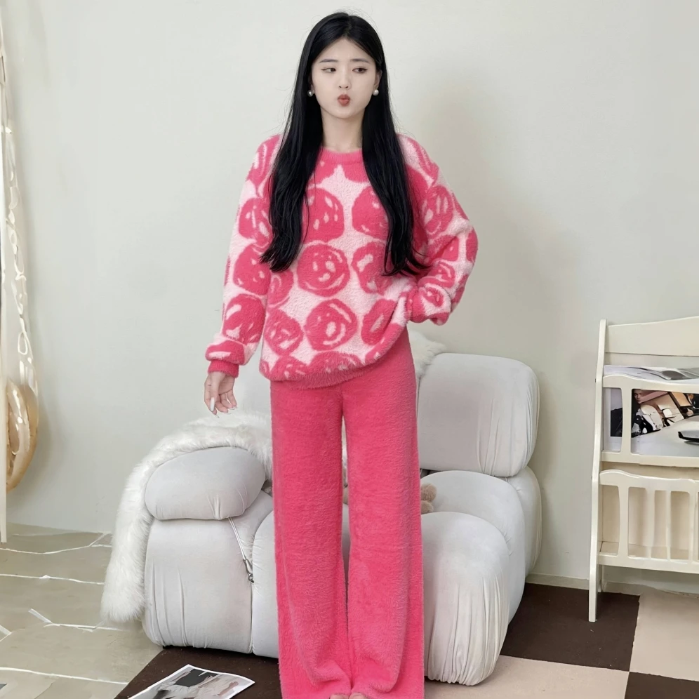 FENKE/粉客【ROSE】V领套头睡衣女套装秋冬季加厚仿貂绒保暖家居服