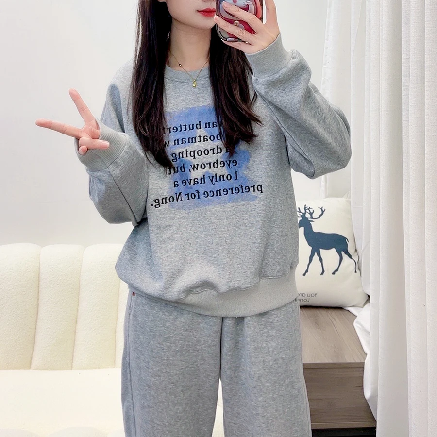 2024春季休闲宽松印花刺绣上衣圆领韩版百搭时尚长袖卫衣 DY3565