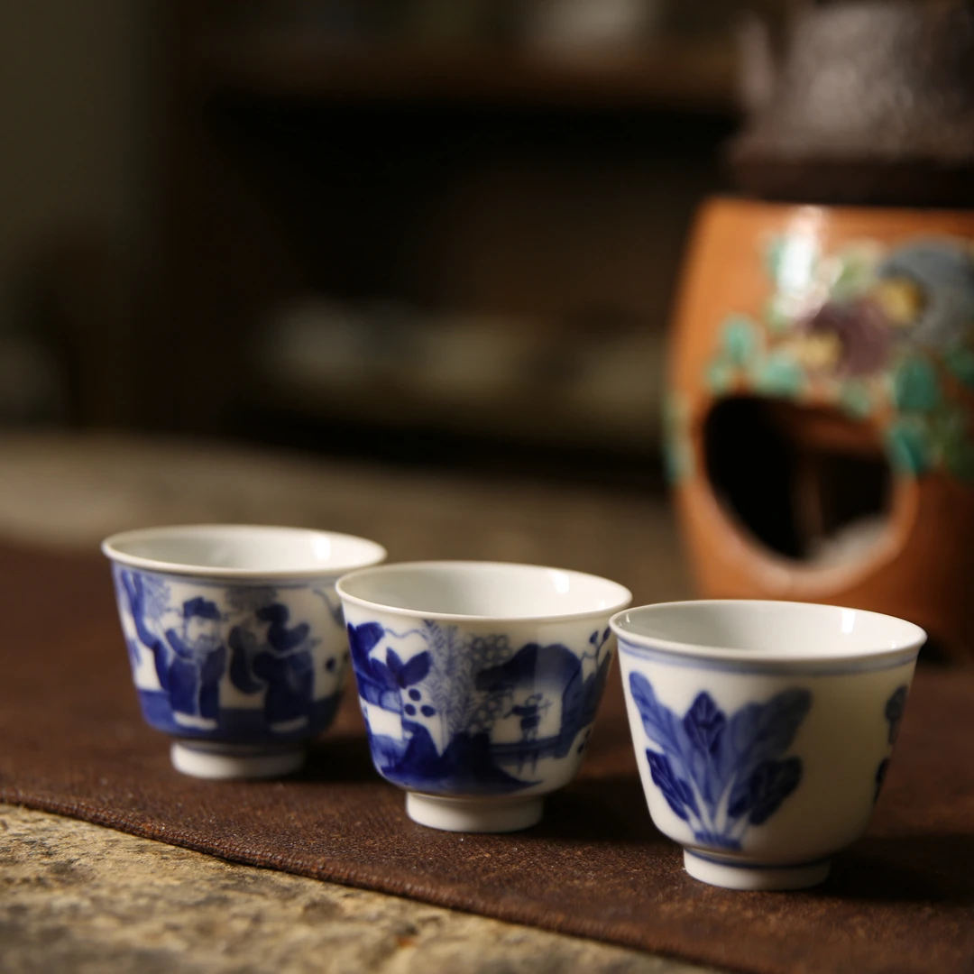 摹古若深珍藏全手绘青花杯品茗杯潮汕工夫茶杯小容量茶杯岩茶杯