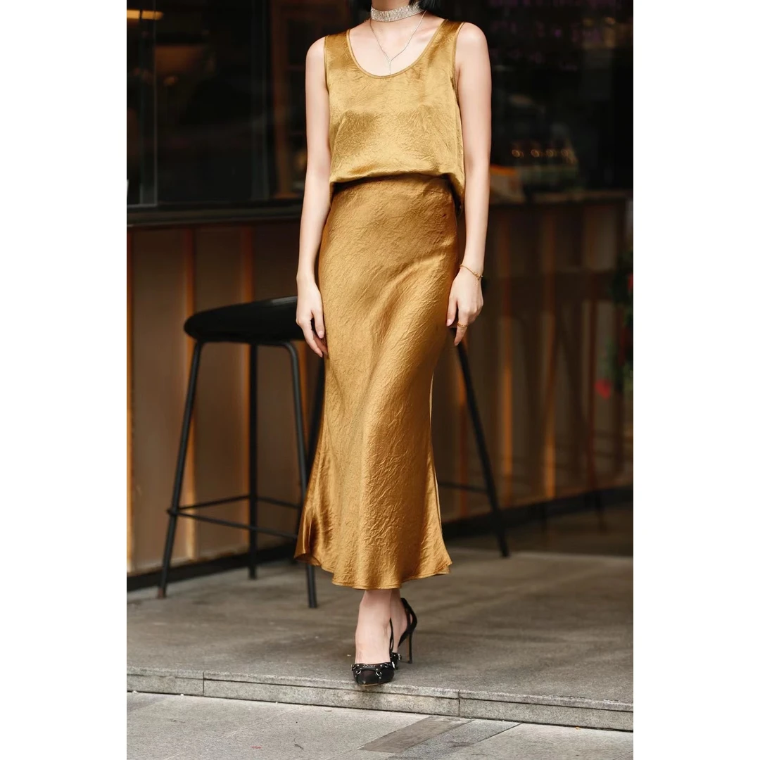 复古显瘦醋酸半身裙高腰包臀开叉长款气质a字裙