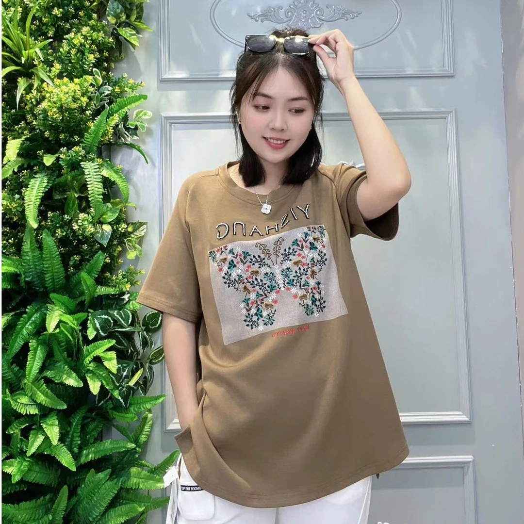 中老年女装大码时尚休闲百搭夏季宽松印花圆领大版妈妈装设计师