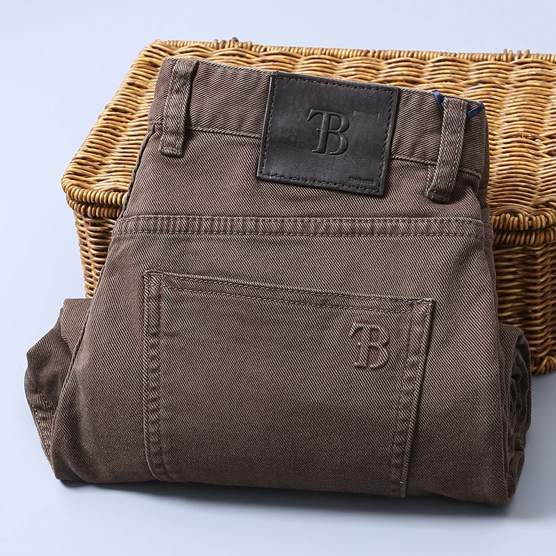 秋冬斜纹百搭休闲男裤奢华中腰修身直筒棉质弹力时尚牛仔裤男厚款