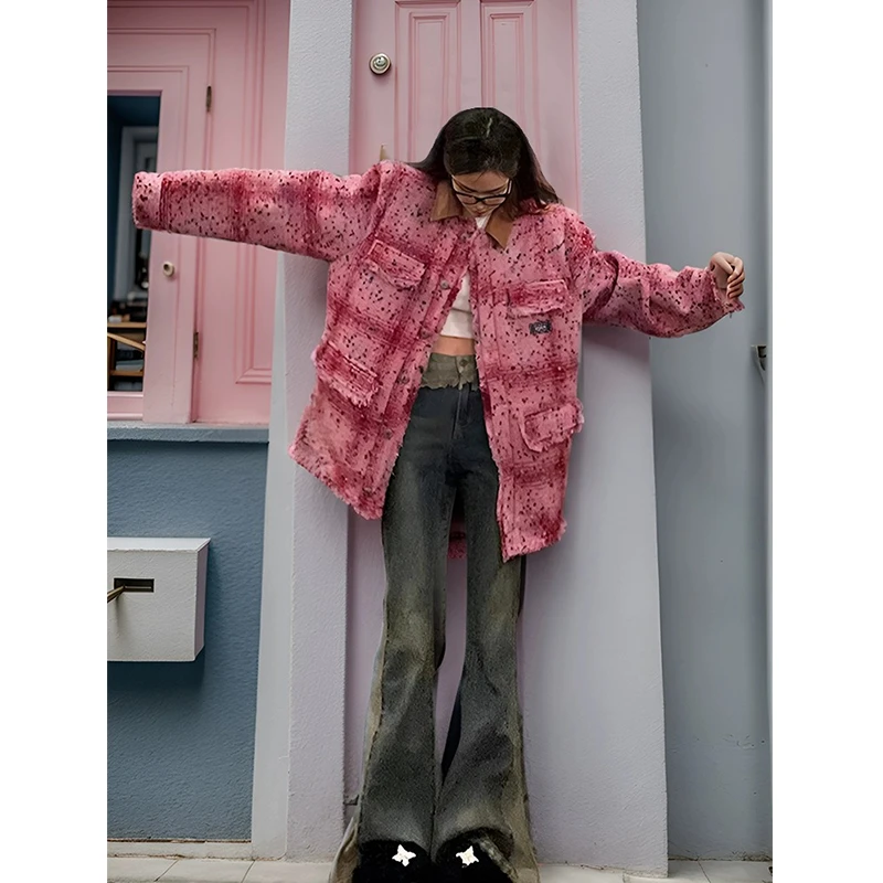 卡盛粉色小香风外套女春秋新款潮牌美式vintage高级感情侣夹克