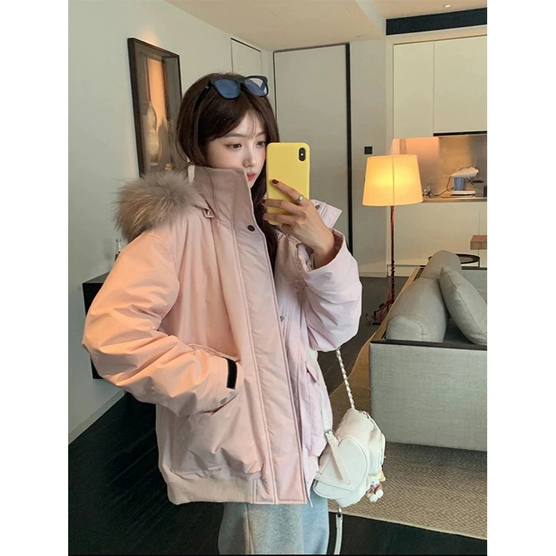 卡盛粉色工装羽绒服女2025冬季新款高级感小众加厚情侣派克服外套