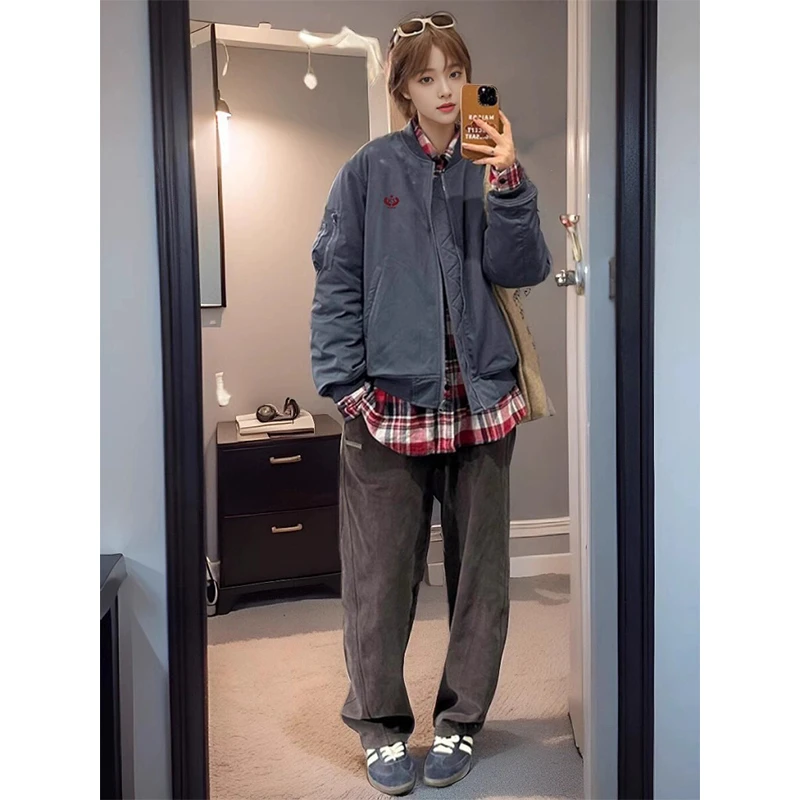 卡盛蓝色棒球服外套女春季新款潮美式复古格纹衬衣休闲情侣装穿搭