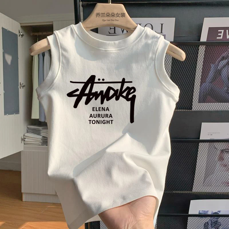 小高领女背心打底运动健身女无袖恤洋气时髦背心上衣外穿印花休闲