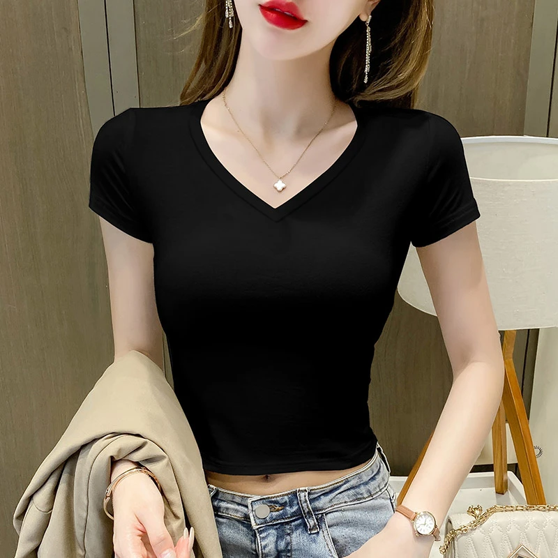 黑色V领露脐短袖高腰短款t恤女夏季ins潮小个子棉质短装超短上衣T