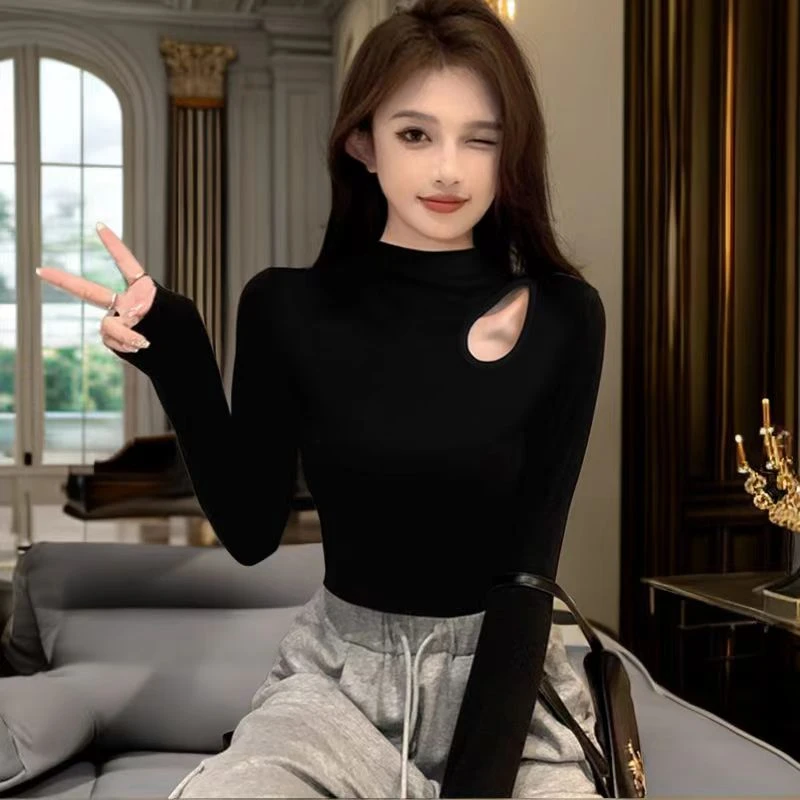 半高领冬日长袖修身打底衫女内搭百搭洋气镂空上衣时尚高级显瘦女