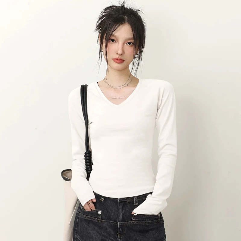 白色爆款打底t恤v领长袖内搭辣妹2023新款秋冬修身高级上衣显瘦