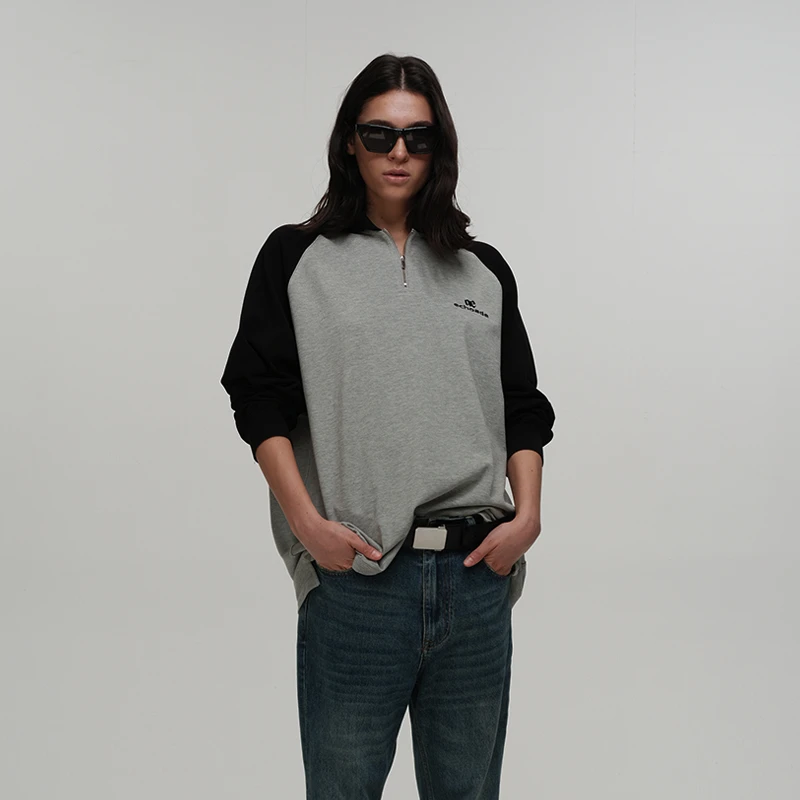 ECHOADE舒适亲肤 休闲宽松撞色插肩袖设计Logo刺绣长袖Polo打底衫