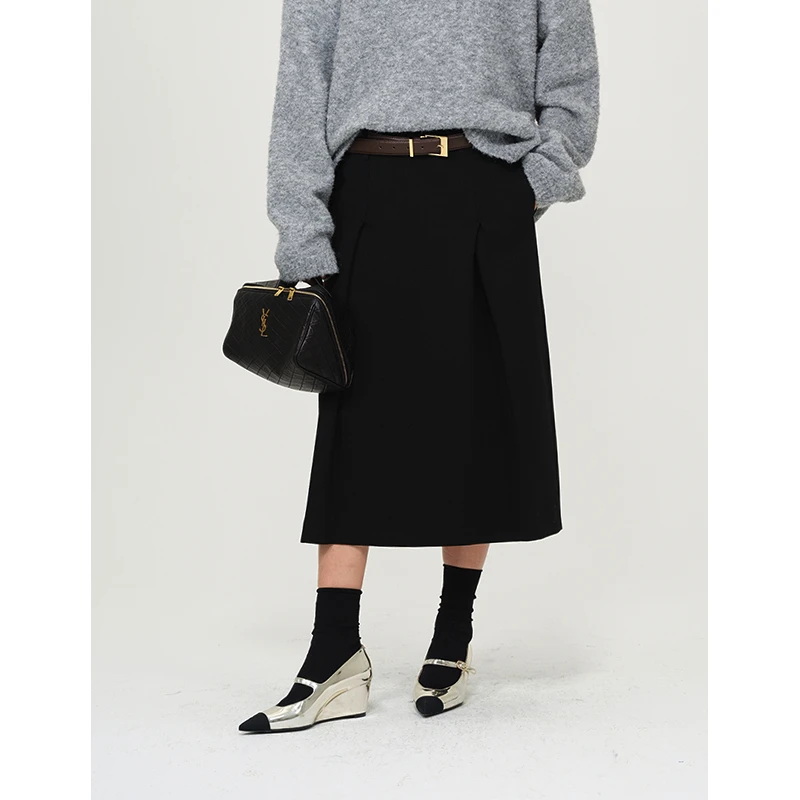 ECHOADE甄选1oo%羊毛 挺拔/锋利中低腰立体褶裥设计时髦A字半身裙