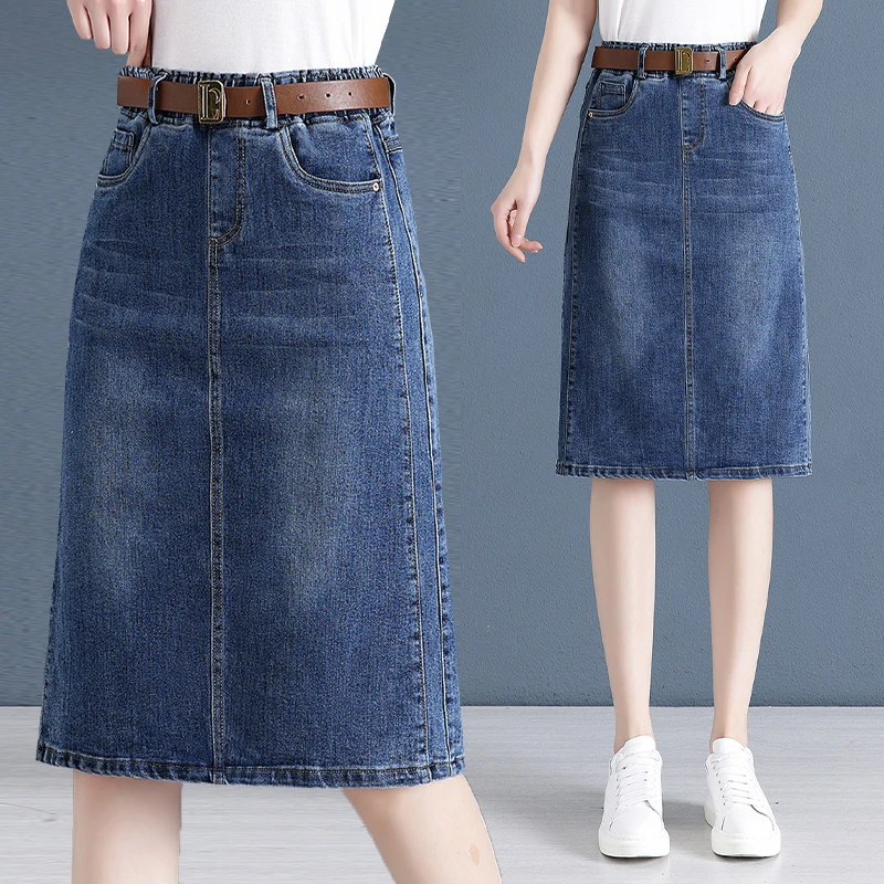松紧腰牛仔裙高腰大码显瘦半身裙牛仔包臀裙胖MM后开叉弹力A字裙
