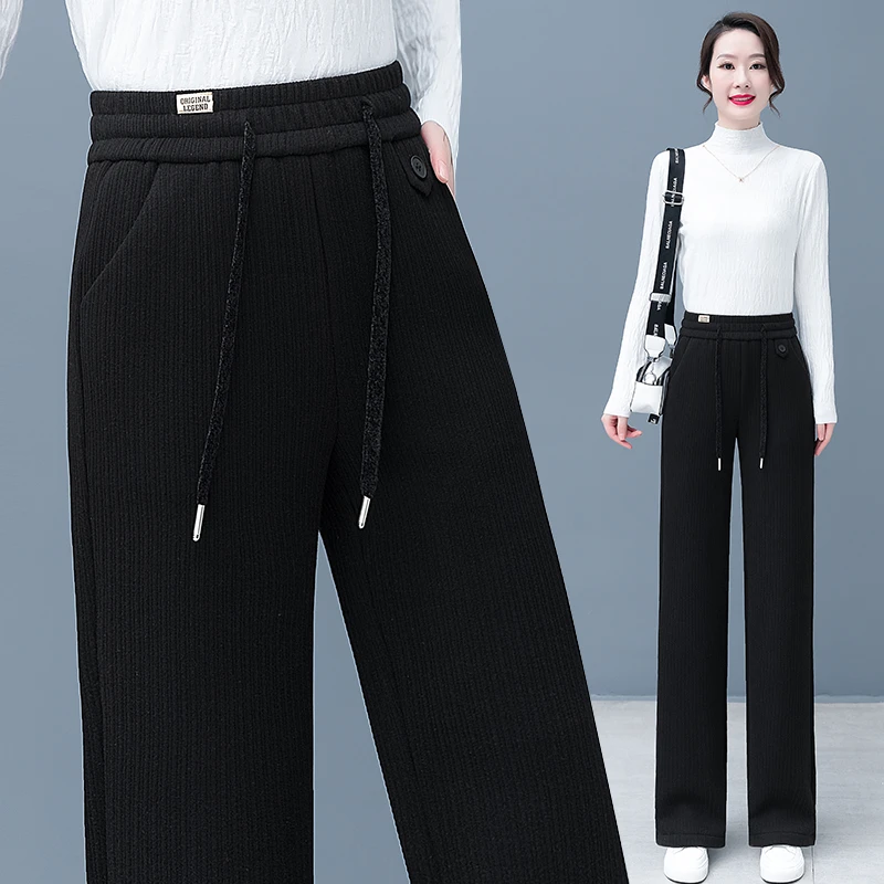 羊绒阔腿裤宽松垂感加绒加厚束带2023外穿女裤休闲百搭设计感秋冬