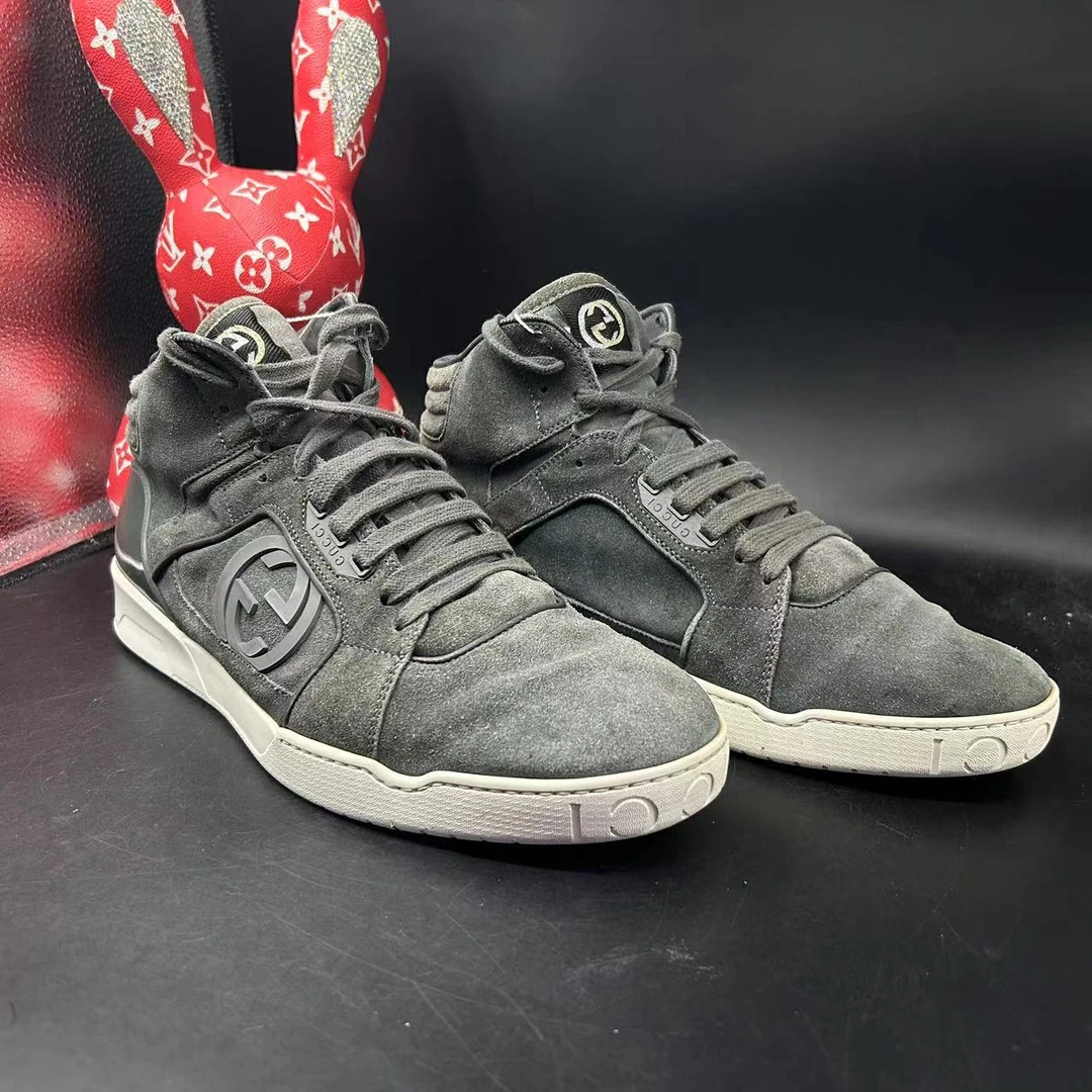 【AO福利】GUCCI/古驰 43欧码 男士休闲深灰麂皮高帮系带板鞋ao314