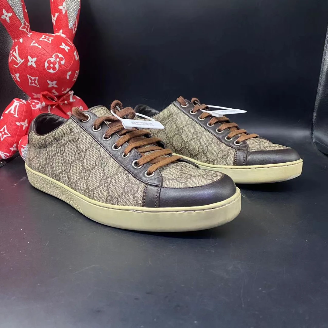 【二奢特惠】古驰/GUCCI 41欧码 男士休闲时尚褐色印花低帮系带板鞋