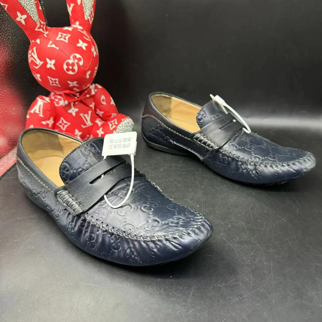 【二奢特惠】GUCCI/古驰 41欧码 男士时尚藏蓝色双G印花休闲豆豆鞋
