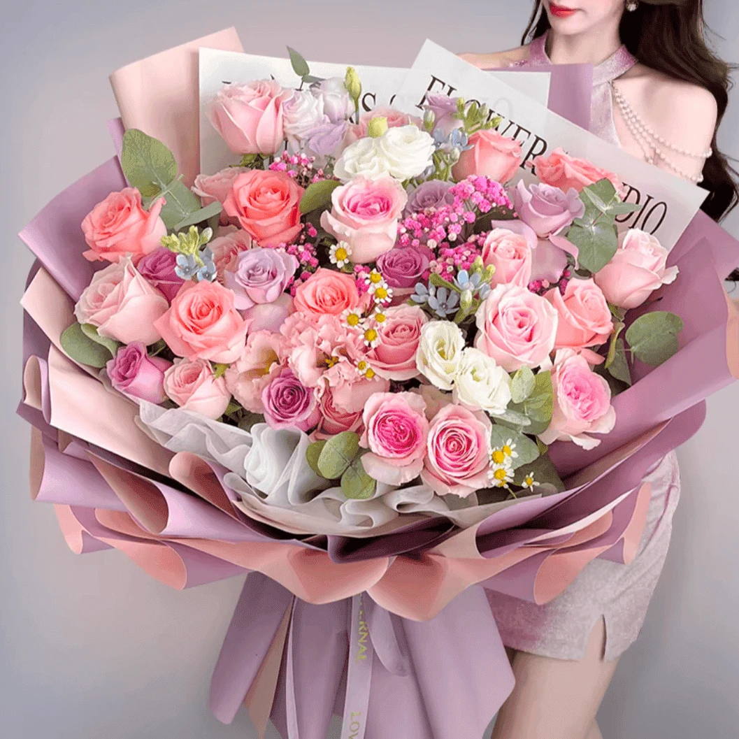 【粉大花束】粉紫生日妇女节花束花期玫瑰鲜花店送鲜花鲜花配送同城