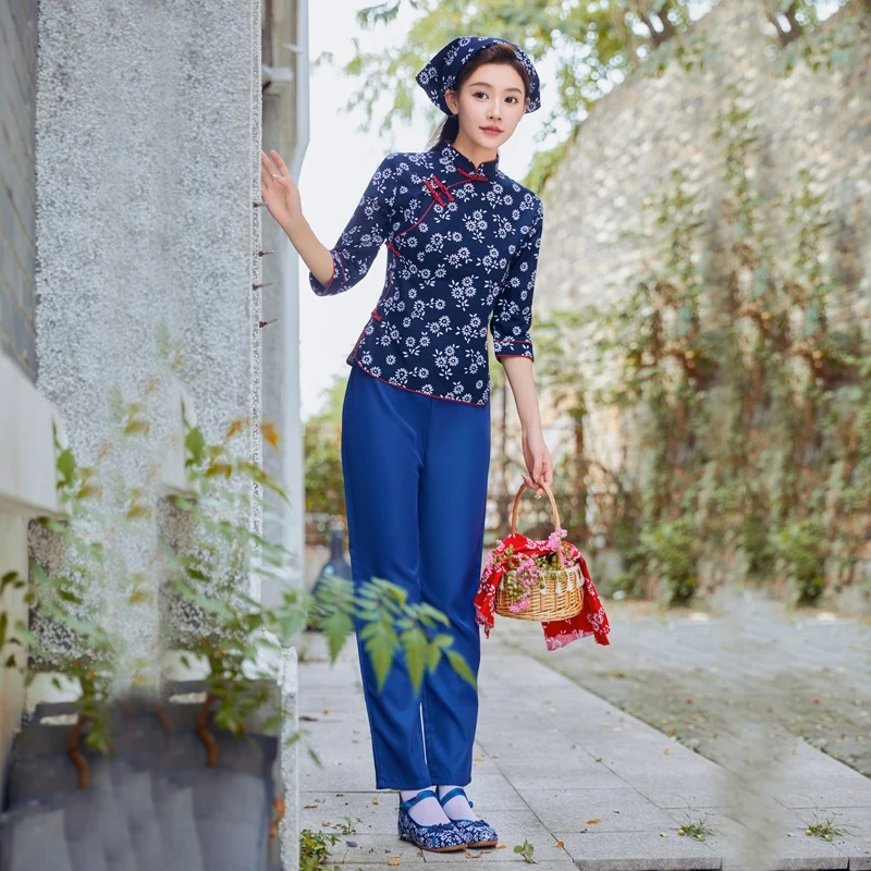 阿庆嫂演出服采茶女中老年秧歌服舞蹈村姑服装农村妇女大花布衣服